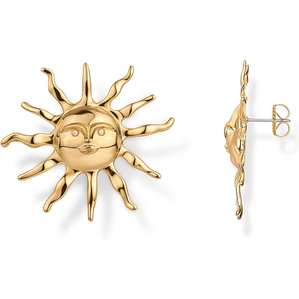 image:imagePAVOI 14K Gold Plated Statement Sun Earrings for Women Chunky Sun Stud Earrings Big Celestial Studs with Pearls Trendy Summer JewelryYellow Gold