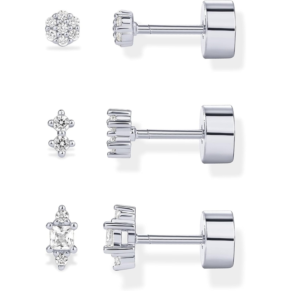 image:imagePAVOI 14K Gold Plated Sterling Silver Posts Dainty Mini MultiShape Flat Back Stud Earring Pack for Women Helix Cartilage Piercing Jewelry3Pair Set