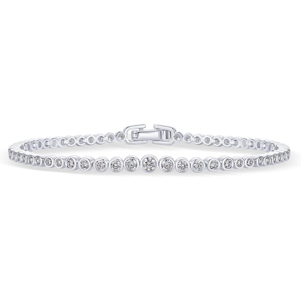 image:imagePAVOI 14K Gold Plated Tennis Bracelets for Women  Bezel Set Cubic Zirconia Bracelet  Simulated Diamonds Round Trillion Trinity Radiant Pear Valentines Day Heart Cut Stones Wedding Jewelry Gifts for BridesWhite Gold