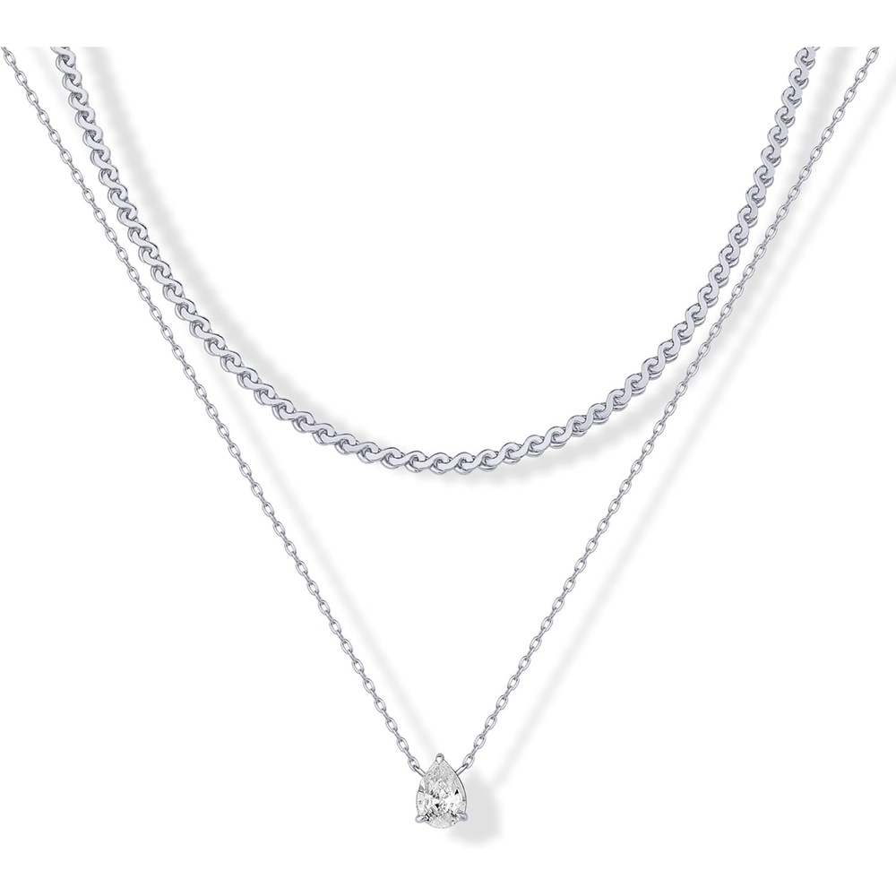 image:imagePAVOI 14K Gold Plated Twisted Singapore Chain Layering Choker with Round Solitaire and Serpentine Chain Layering Choker with PearCut Stone Pendant Necklace Pack for Women Cubic Zirconia Statement Layered Necklace SetWhite Gold
