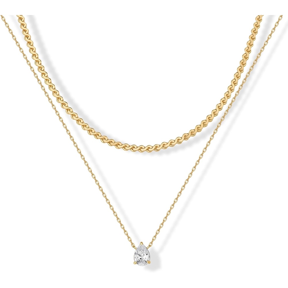 image:imagePAVOI 14K Gold Plated Twisted Singapore Chain Layering Choker with Round Solitaire and Serpentine Chain Layering Choker with PearCut Stone Pendant Necklace Pack for Women Cubic Zirconia Statement Layered Necklace SetYellow Gold