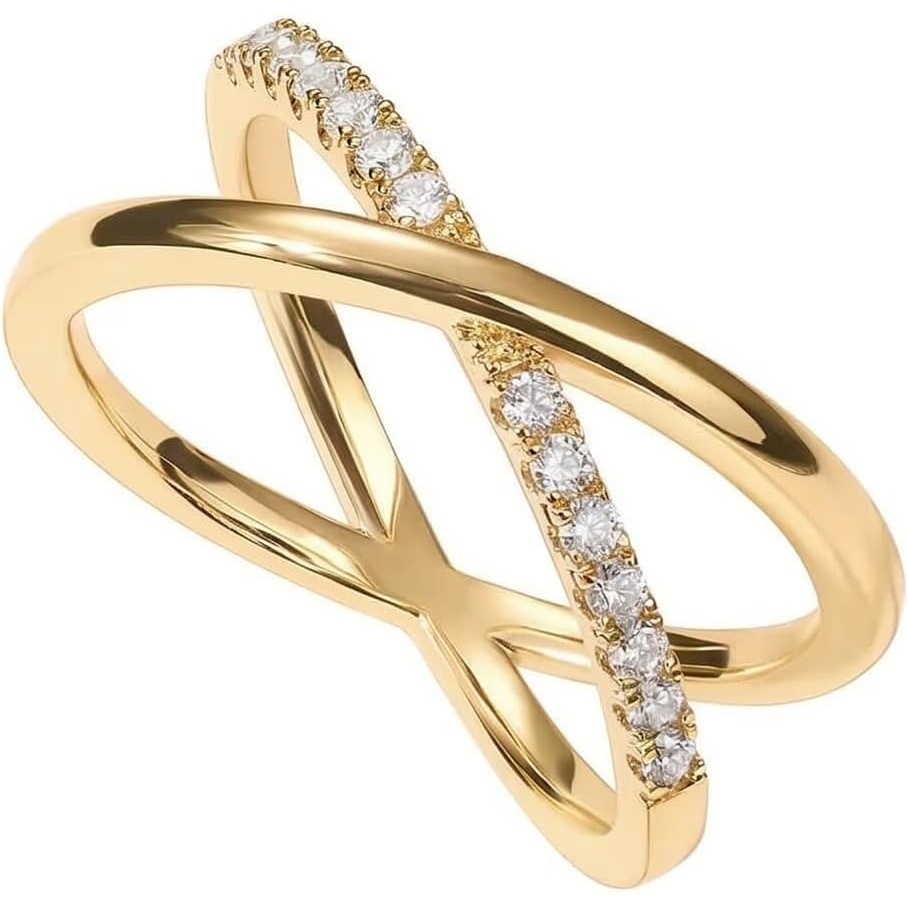image:imagePAVOI 14K Gold Plated X Ring Simulated Pav Diamond CZ Criss Cross Ring for WomenYellow Gold