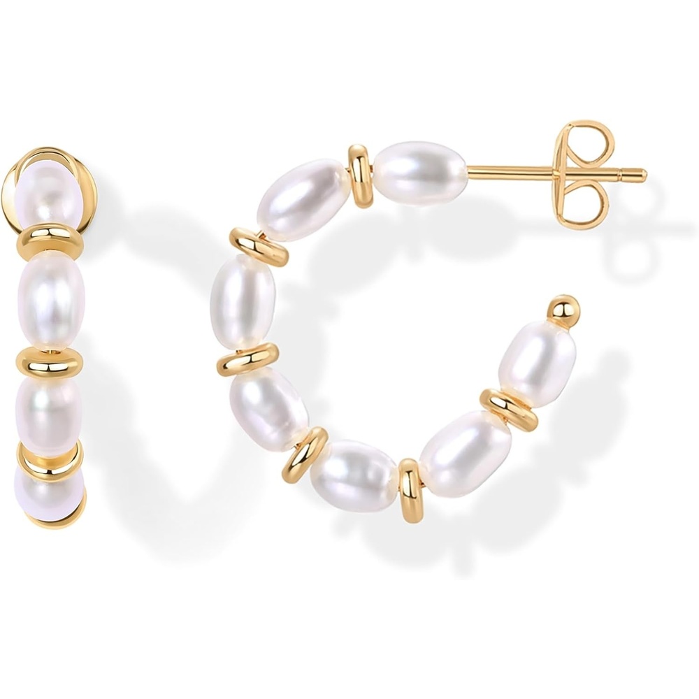 image:imagePAVOI 14K GoldPlated Classic Pearl Hoop Earrings for Women Freshwater Pearl Earring PairPearls Gold Discs