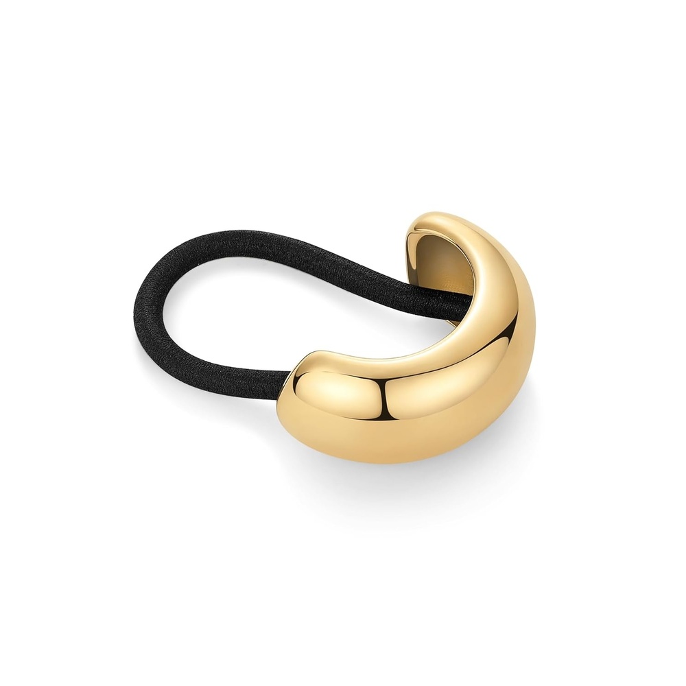 image:imagePAVOI 14K Yellow Gold Plated Dome Waterproof Chunky Metal Hair Band Ponytail Holders for Women Stainless Steel Statement Cuff Fashion Accessories Stretchy Gold Hair TiesDome Yellow Gold