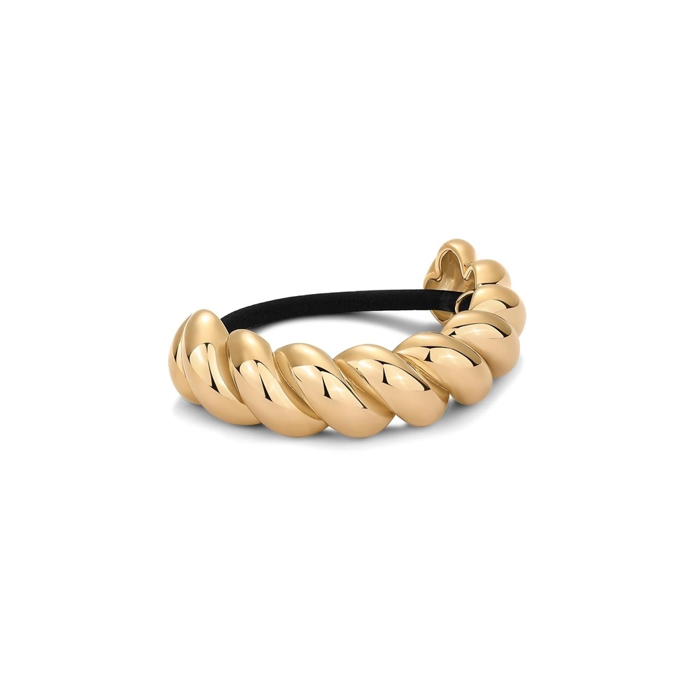image:imagePAVOI 14K Yellow Gold Plated Dome Waterproof Chunky Metal Hair Band Ponytail Holders for Women Stainless Steel Statement Cuff Fashion Accessories Stretchy Gold Hair TiesCroissant Yellow Gold