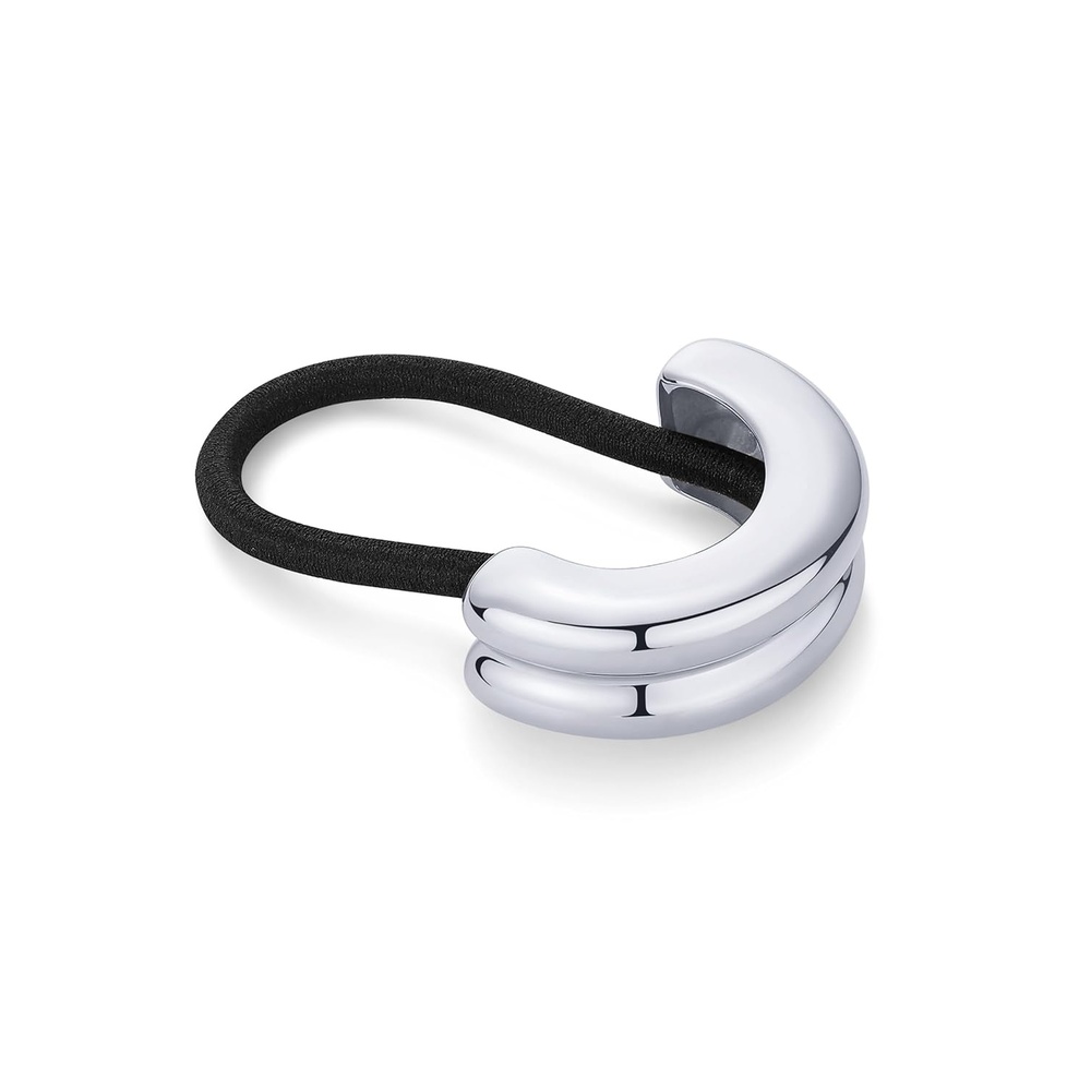 image:imagePAVOI 14K Yellow Gold Plated Dome Waterproof Chunky Metal Hair Band Ponytail Holders for Women Stainless Steel Statement Cuff Fashion Accessories Stretchy Gold Hair TiesDouble Arch White Gold