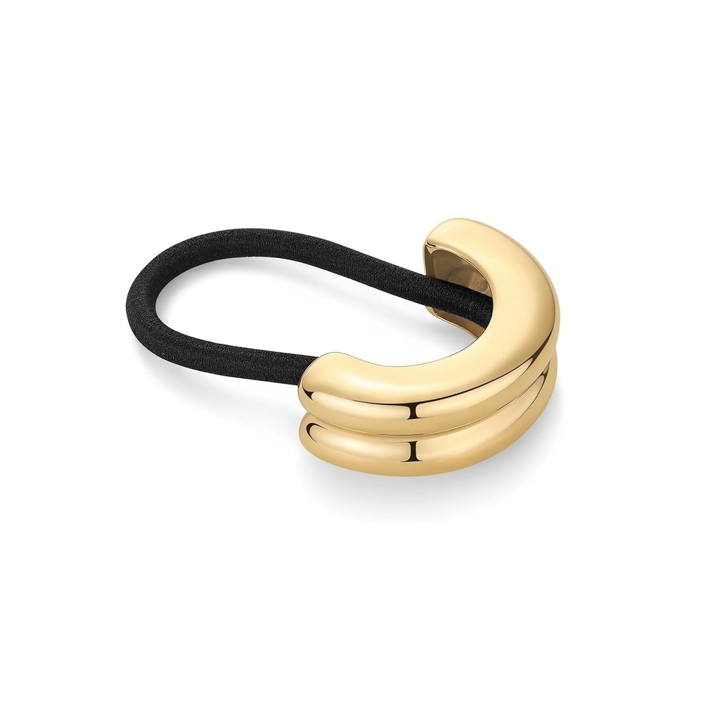 image:imagePAVOI 14K Yellow Gold Plated Dome Waterproof Chunky Metal Hair Band Ponytail Holders for Women Stainless Steel Statement Cuff Fashion Accessories Stretchy Gold Hair TiesDouble Arch Yellow Gold