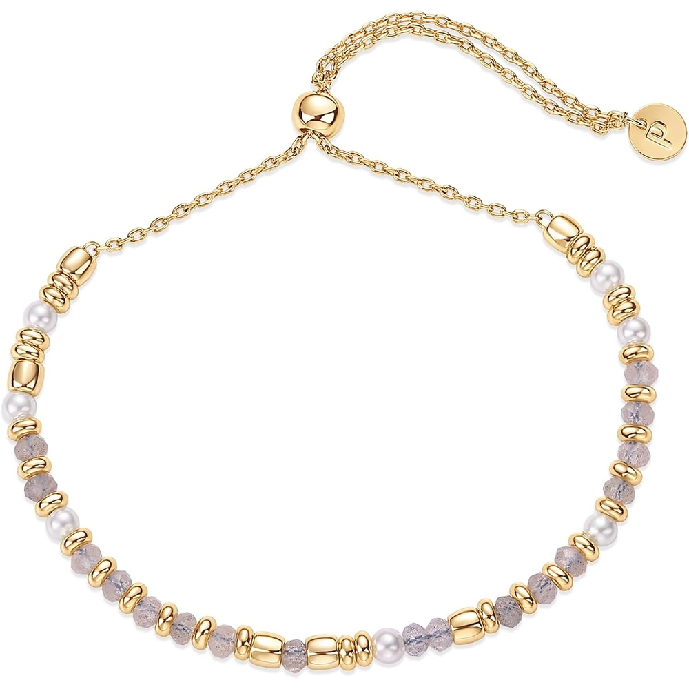 image:imagePAVOI 14K Yellow Gold Plated Gemstone Beaded Bracelets for Women  Adjustable Slider Dainty Pearl Bracelet  Boho Festival Pearls Labradorite Sodalite Red Jade Amazonite Beads  Gold Jewelry GiftsLabradorite