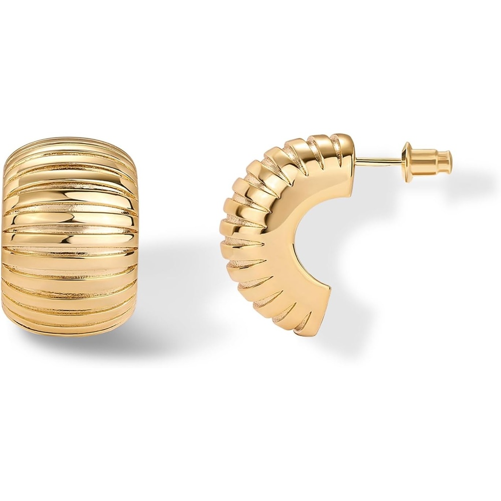 image:imagePAVOI 14K Yellow Gold Plated Stainless Steel Posts Chunky Ribbed Hoop Earrings for Women Gold Ridge Statement Earring Pair