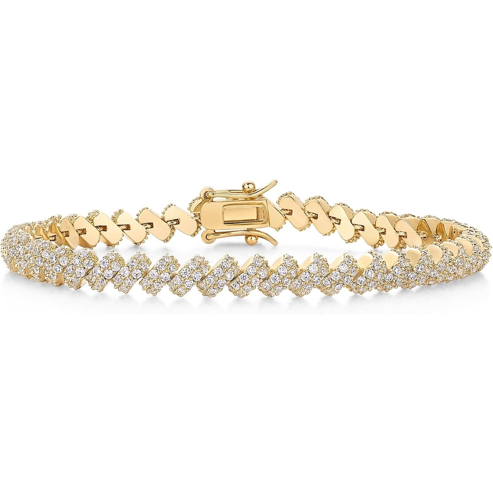 image:imagePAVOI 14K Yellow Gold Plated Tennis Bracelets  San Marco Statement Tennis Gold Bracelet for Women with Cubic Zirconia  Adjustable Box Clasp with Safety Latch  Trendy Bridal Jewelry  Yellow 7