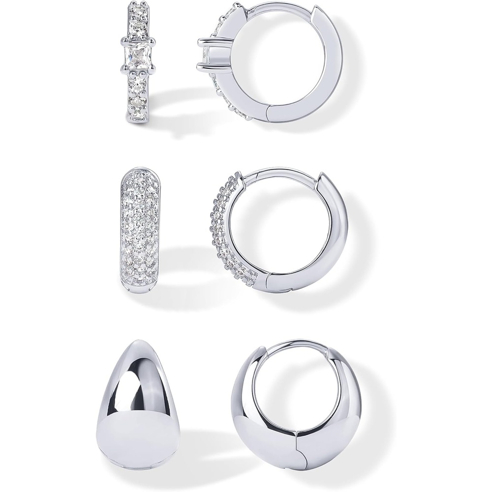 image:imagePAVOI 18K Gold Plated 925 Sterling Silver Posts Three Pairs Huggie Hoop Earrings for Women Triple Gold Hoop Earring Pack with Cubic Zirconia Hypoallergenic Chunky Dome Pave Huggie Piercing Statement Jewelry SetWhite Gold