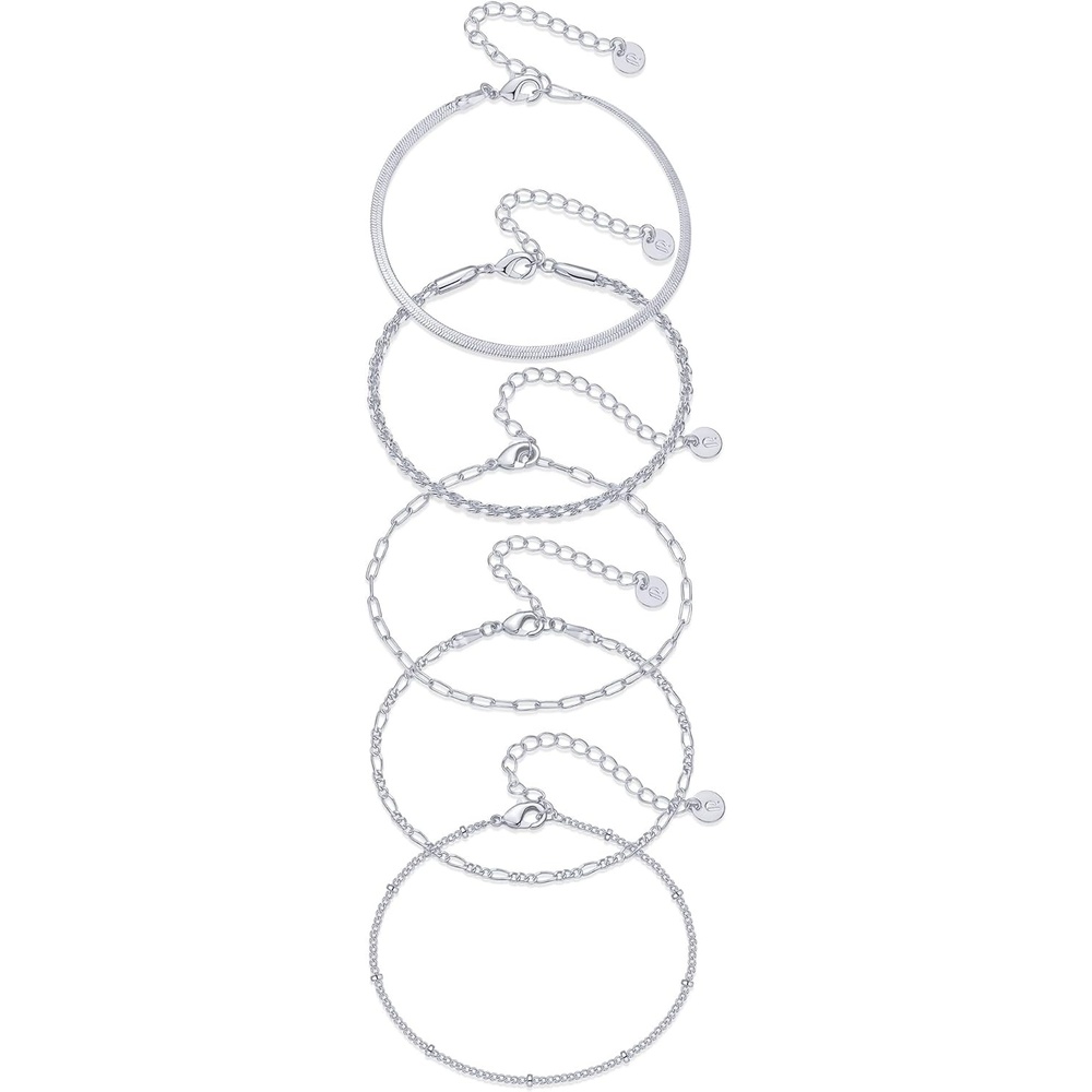 image:imagePAVOI 18K Gold Plated Chain Bracelet Pack for Women Jewelry Set of 5 Stackable Bracelets Paperclip Snake Rope Figaro Beaded Chains5Piece Set