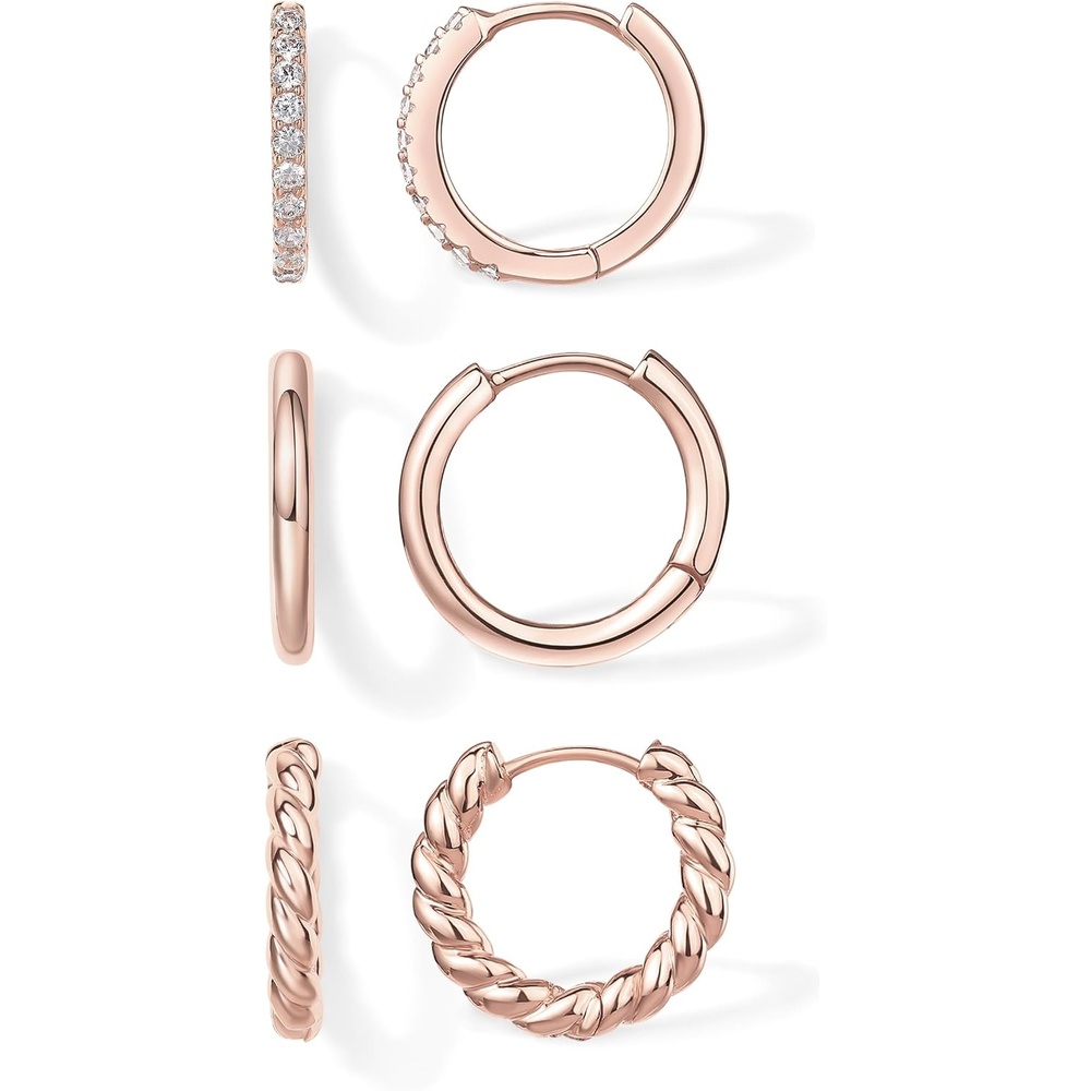image:imagePAVOI Gold Hoop Earrings for Women 14K18K Yellow Gold Plated 925 Sterling Silver Hypoallergenic 3Pair Small Hoop Earings Set with Cubic Zirconia Rope Teardrop amp Chunky Huggie Styles Earscape PiercingsRose Gold