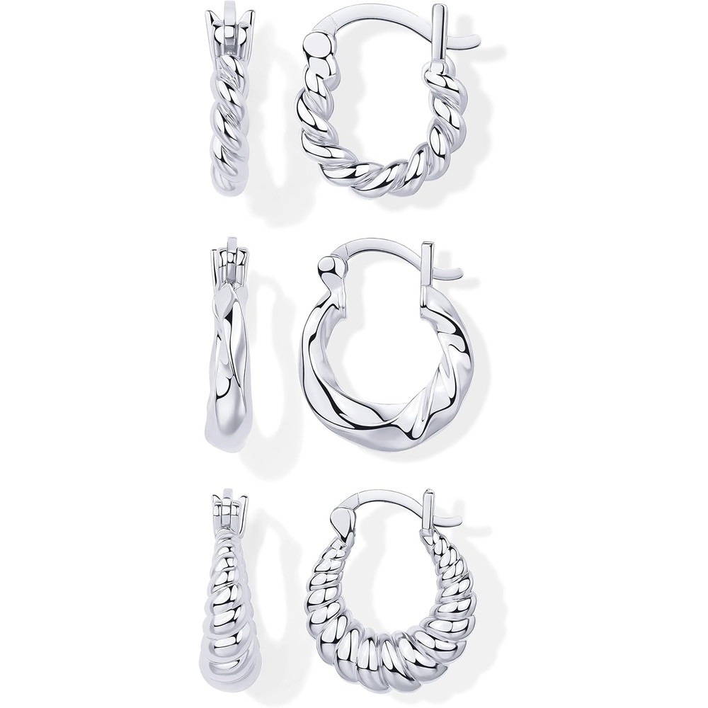 image:imagePAVOI Gold Hoop Earrings for Women  14K18K Yellow Gold Plated 925 Sterling Silver  Hypoallergenic 3Pair Small Hoop Earings Set with Cubic Zirconia  Rope Teardrop amp Chunky Huggie Styles Earscape PiercingsWhite Gold