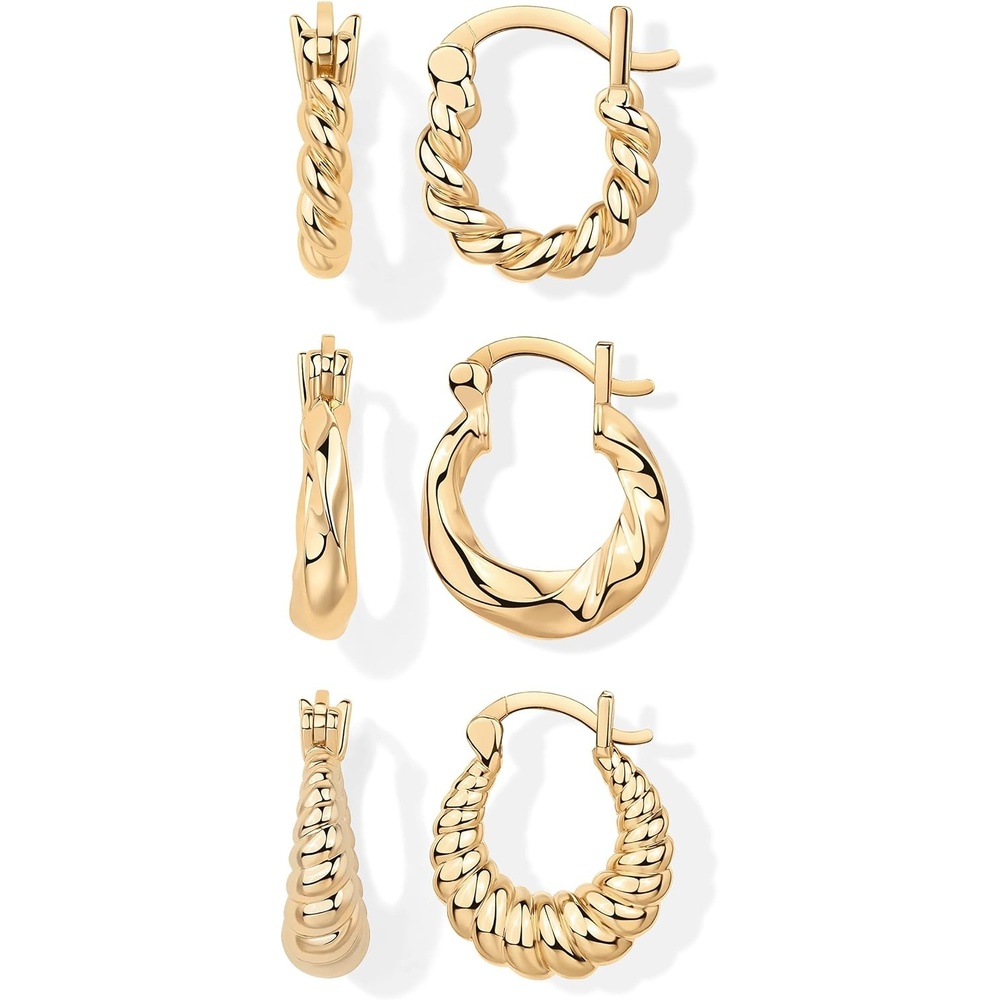 image:imagePAVOI Gold Hoop Earrings for Women  14K18K Yellow Gold Plated 925 Sterling Silver  Hypoallergenic 3Pair Small Hoop Earings Set with Cubic Zirconia  Rope Teardrop amp Chunky Huggie Styles Earscape PiercingsYellow Gold