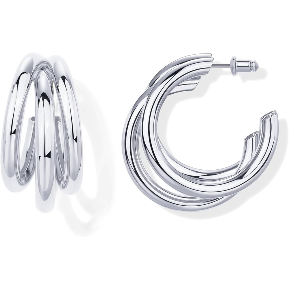 image:imagePAVOI Gold Hoop Earrings for Women 14k Gold Plated Chunky Triple Split Loop Huggie Earrings Hypoallergenic Statement Jewelry Trendy Multi Hoop DesignWhite Gold