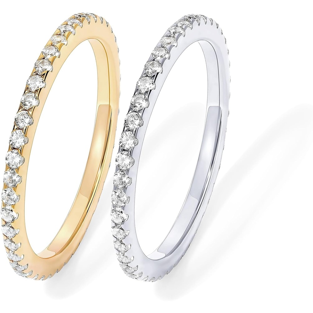 image:imagePAVOI Gold Plated Solid 925 Sterling Silver CZ Simulated Diamond Stackable Ring Eternity Bands for Women2Pack White Gold Yellow Gold