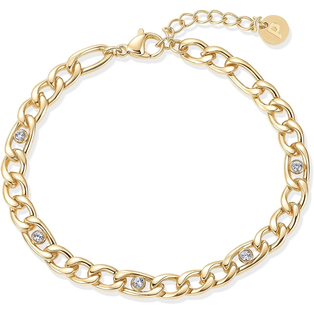 image:imagePAVOI Waterproof Curb Chain Bracelet for Women 14K Gold Plated Adjustable Chain Gold Bracelets for Women with Cubic Zirconia Stackable Stainless Steel Trendy Summer JewelryYellow Gold