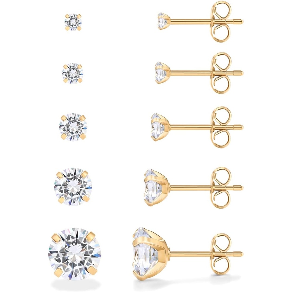 image:imagePAVOI Waterproof Five Pairs Stud Earrings for Women 14K Gold Plated Stainless Steel Pack of 5 Cubic Zirconia Earrings for Men and Women Hypoallergenic Premium CZ Studs SetYellow Gold