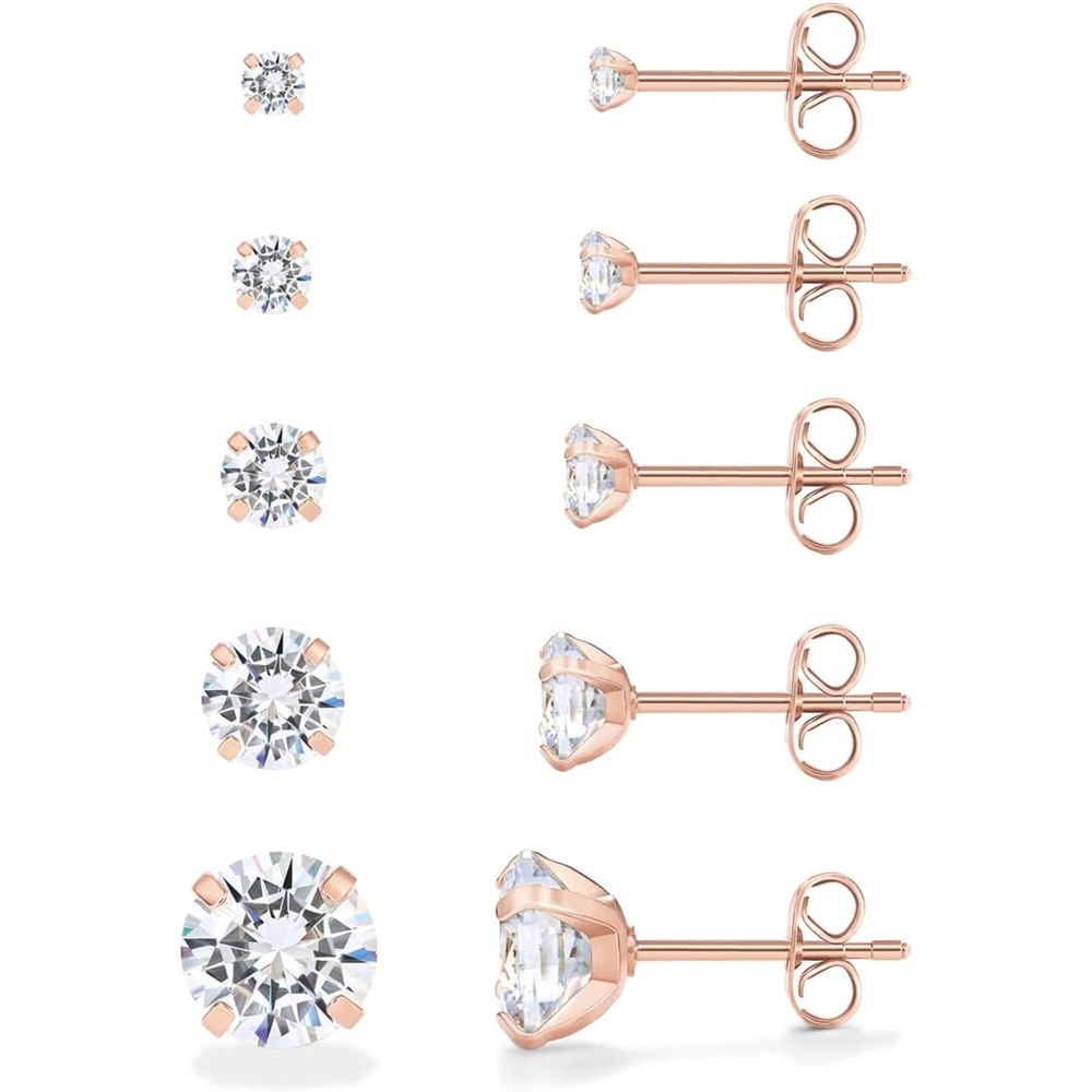 image:imagePAVOI Waterproof Five Pairs Stud Earrings for Women  14K Gold Plated Stainless Steel Pack of 5 Cubic Zirconia Earrings for Men and Women  Hypoallergenic Premium CZ Studs SetRose Gold