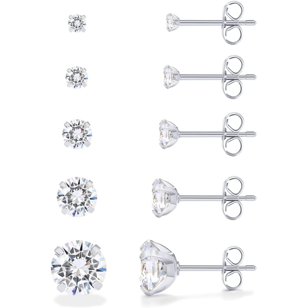 image:imagePAVOI Waterproof Five Pairs Stud Earrings for Women  14K Gold Plated Stainless Steel Pack of 5 Cubic Zirconia Earrings for Men and Women  Hypoallergenic Premium CZ Studs SetWhite Gold