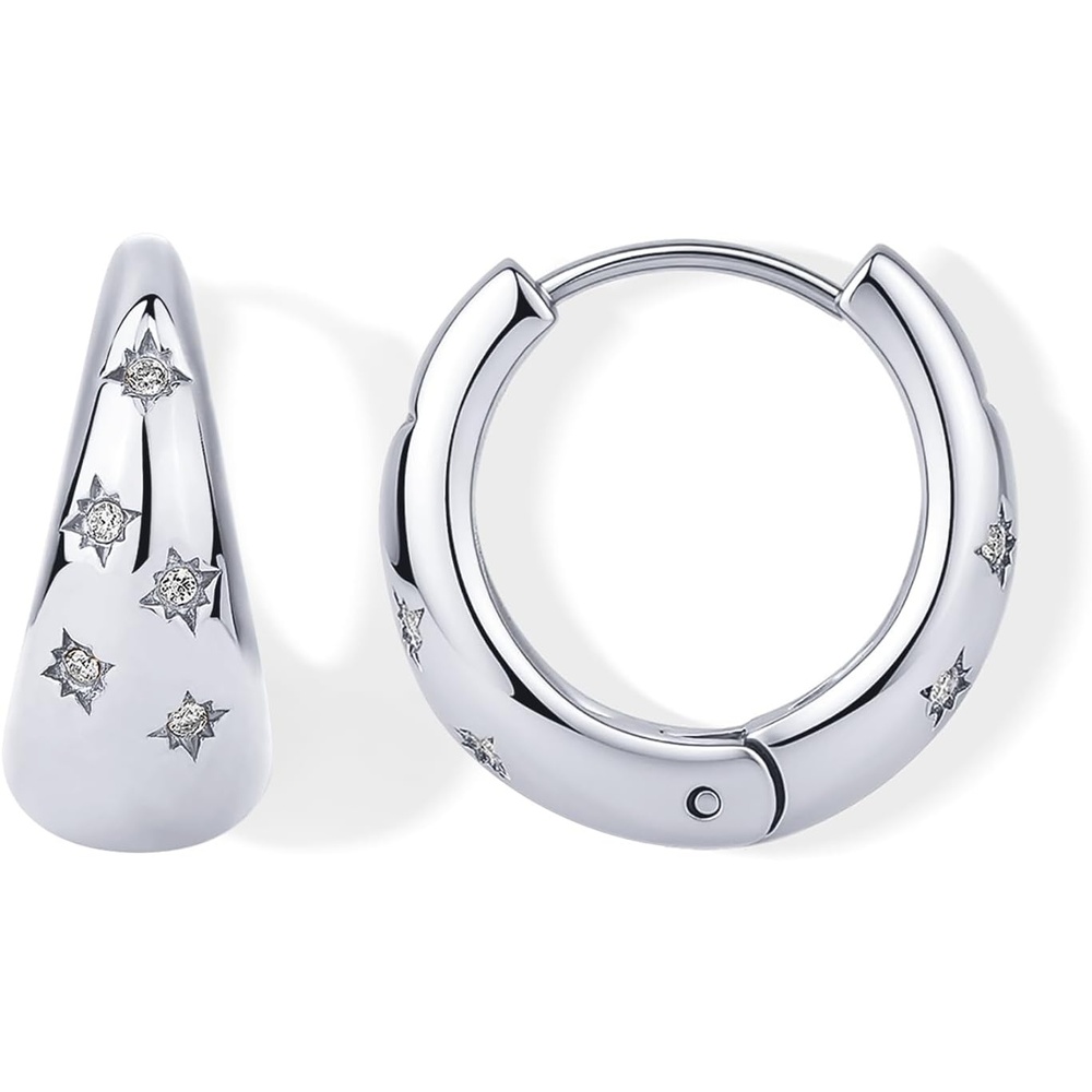 image:imagePAVOI Waterproof Gold Hoop Earrings for Women 14K Gold Plated Chunky Huggie Hoop Earrings with Cubic Zirconia Starburst Stainless Steel Trendy Summer Fashion JewelryWhite Gold