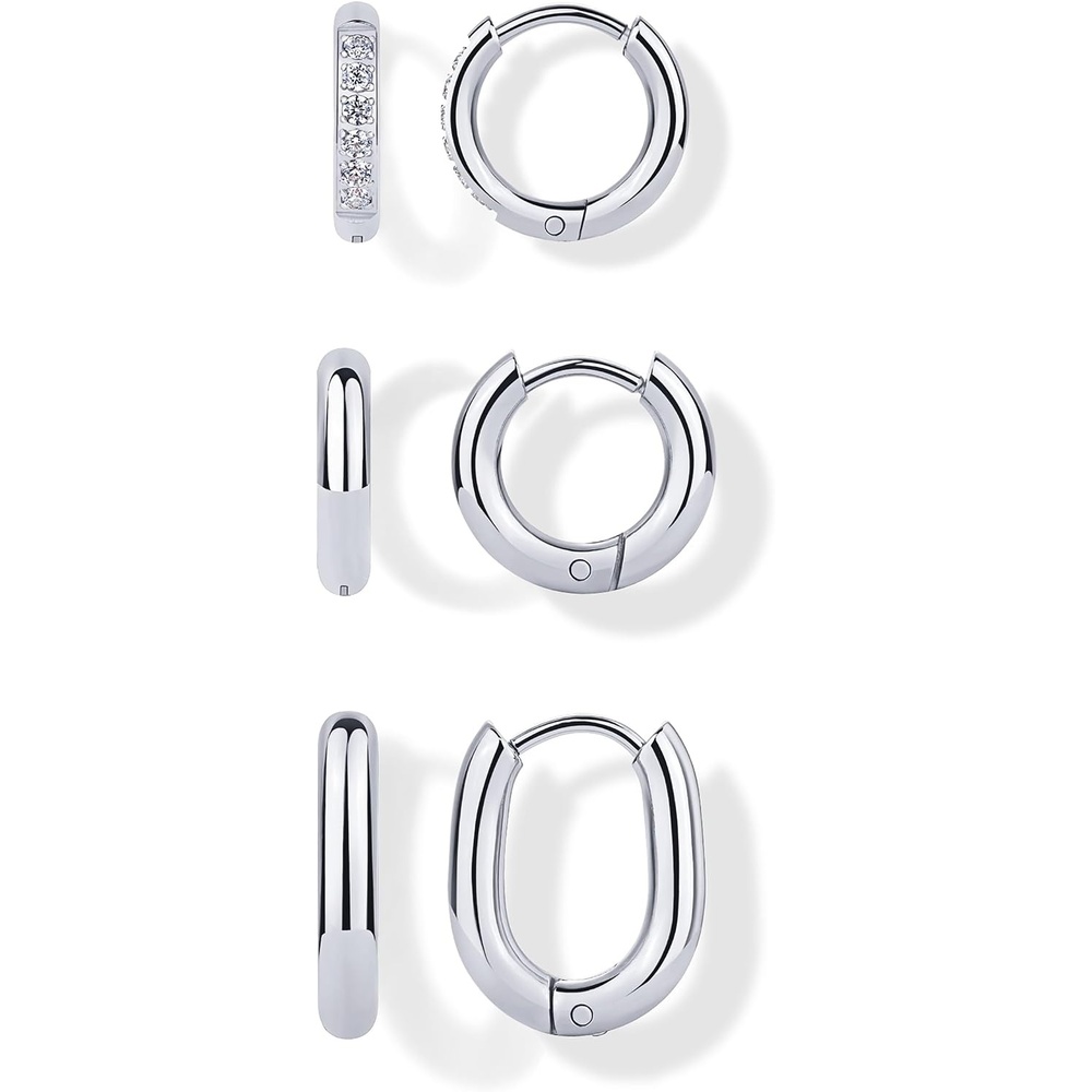 image:imagePAVOI Waterproof Huggie Hoop Earrings Set for Women  Stainless Steel Pack of 3 with Cubic Zirconia  Huggie Hoops Luxe Styles  Trendy Fashion Piercing JewelryWhite Gold