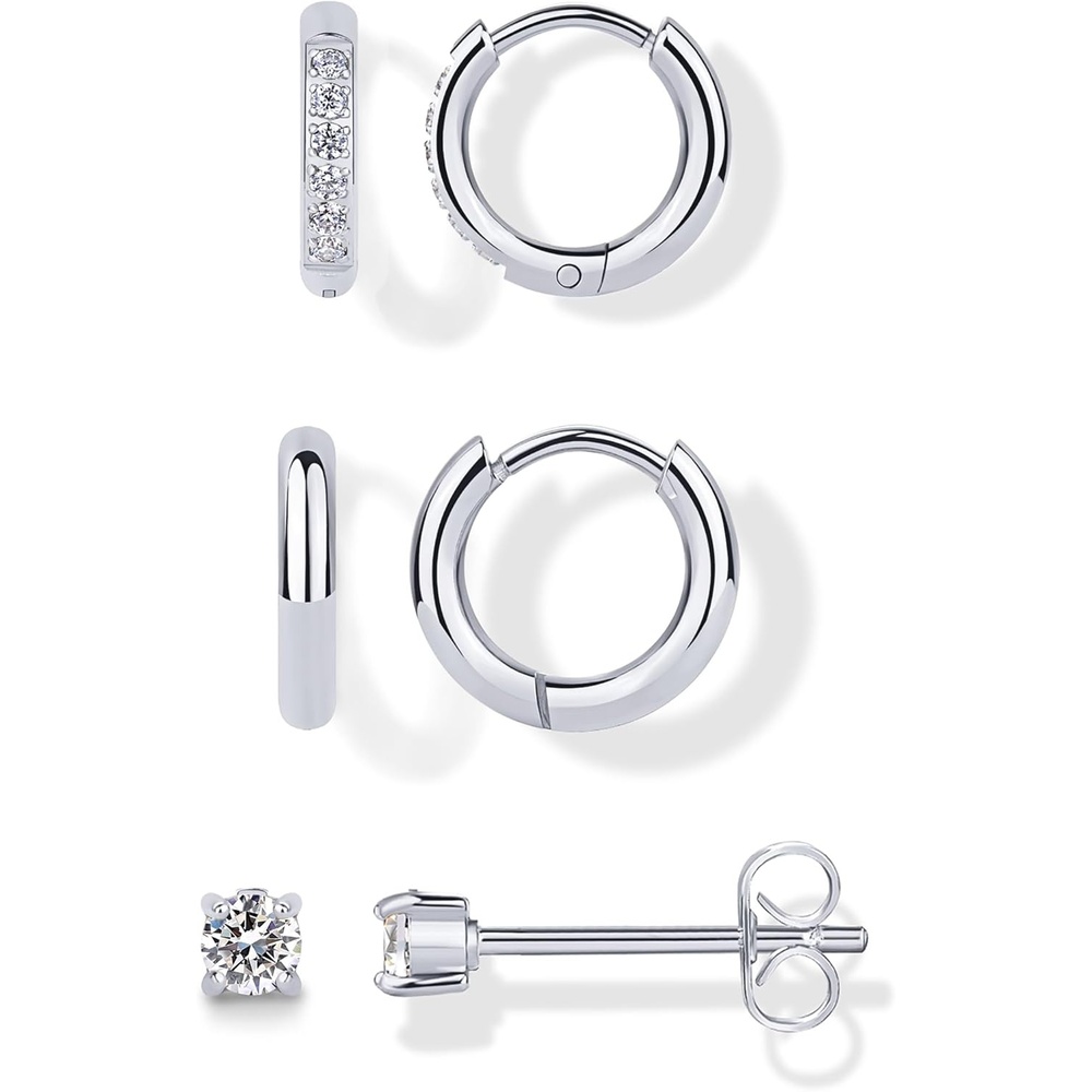 image:imagePAVOI Waterproof Huggie Hoop Earrings Set for Women  Stainless Steel Pack of 3 with Cubic Zirconia  Huggie Hoops Stud amp Luxe Styles  Trendy Fashion Piercing JewelryWhite Gold