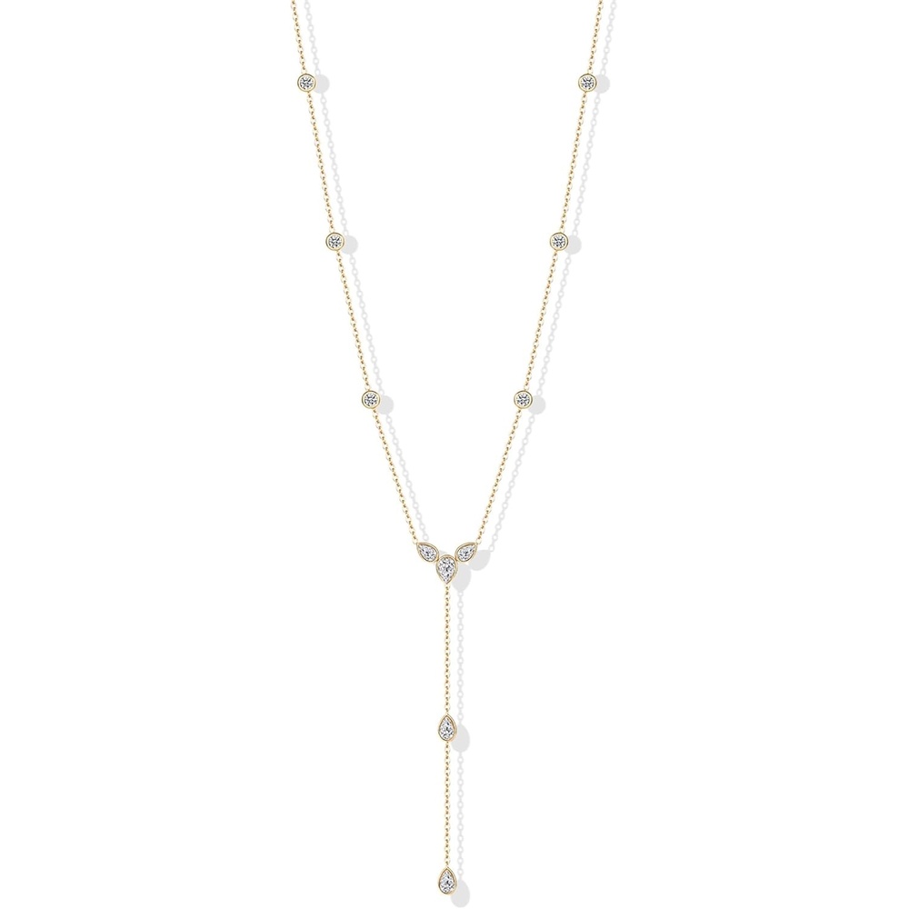 image:imagePAVOI Waterproof Lariat Long Necklaces for Women 14K Gold Plated Y Chain Lariat Necklace with Cubic Zirconia  Stainless Steel Drop Chain Trendy JewelryYellow Gold