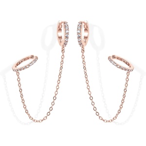 PAVOI 14K Gold Chain Earrings for Women | Double Piercing Dangle Chain Huggie Hoop Earrings | Cubic Zirconia Pearl Stud Ear Earrings for Women(Rose Gold)