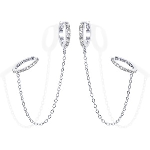 PAVOI 14K Gold Chain Earrings for Women | Double Piercing Dangle Chain Huggie Hoop Earrings | Cubic Zirconia Pearl Stud Ear Earrings for Women(White Gold)