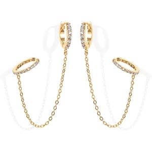 PAVOI 14K Gold Chain Earrings for Women | Double Piercing Dangle Chain Huggie Hoop Earrings | Cubic Zirconia Pearl Stud Ear Earrings for Women(Yellow Gold)