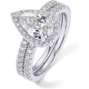 PAVOI 14K Gold Plated 1.7CT Pear Cubic Zirconia Eternity Engagement Ring Promise Ring Set for Women – Hidden Halo(White Gold)