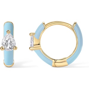 PAVOI 14K Gold Plated 925 Sterling Silver Post Earrings for Women – Colored Enamel Cubic Zirconia Huggie Hoop Earrings – Jewelry(Yellow Gold – Blue Enamel)