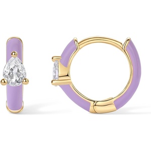 PAVOI 14K Gold Plated 925 Sterling Silver Post Earrings for Women – Colored Enamel Cubic Zirconia Huggie Hoop Earrings – Jewelry(Yellow Gold – Purple Enamel)