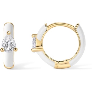 PAVOI 14K Gold Plated 925 Sterling Silver Post Earrings for Women – Colored Enamel Cubic Zirconia Huggie Hoop Earrings – Jewelry(Yellow Gold – White Enamel)