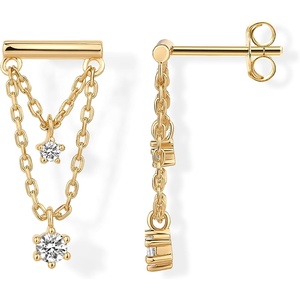 PAVOI 14K Gold Plated 925 Sterling Silver Posts Bar Drape Chain Earrings for Women – Cubic Zirconia Chain Dangle Studs – Drop Dangle Earrings(Yellow Gold)