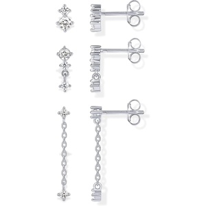 PAVOI 14K Gold Plated 925 Sterling Silver Posts Dainty Stud and Dangle Chain Earring Pack for Women | Set of 3 Cubic Zirconia Earrings(White Gold)