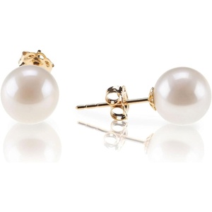 PAVOI 14K Gold Plated 925 Sterling Silver Round Stud White Simulated Shell Pearl Earrings(Yellow Gold)