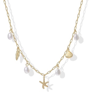 PAVOI 14K Gold Plated Beach Charm Necklace for Women – Dainty Paperclip Chain Trendy Beachy Multi Charm Necklace – Gold Ocean Summer Jewelry with Freshwater Pearl, Sea Shell, Starfish(Yellow Gold)