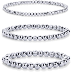 PAVOI 14K Gold Plated Beaded Bracelet Pack for Women | Stainless Steel 3-Piece Stretchy Bracelet Set | Waterproof Ball Trio(White Gold)