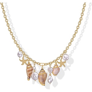 PAVOI 14K Gold Plated Coastal Chunky Charm Necklace for Women – Waterproof Stainless Steel Beach Multi Charm Necklace – Gold Statement Beachy Summer Jewelry with Sea Shell, Starfish, Pearl(Yellow Gold)