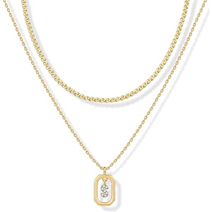 PAVOI 14K Gold Plated Cubic Zirconia Letter Pendant Layered Necklace | Framed Initial Letter Cable Singapore Chains Layering Necklaces for Women(Yellow Gold)
