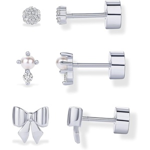 PAVOI 14K Gold Plated Dainty Flat Back Earrings for Women – Hypoallergenic Sterling Silver Posts Helix Cartilage Piercing Jewelry – Emoji Motif Bow Celestial Flatback Gold Stud Earrings Screw Back(Bow & Pearl Trio Set)