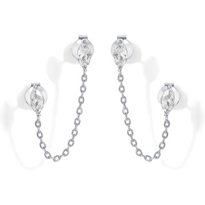 PAVOI 14K Gold Plated Delicate CZ Chain Earrings for Women – Double Piercing Dangle Chain Studs – Cubic Zirconia Earscapes(White Gold)