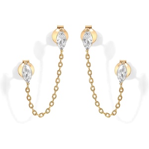 PAVOI 14K Gold Plated Delicate CZ Chain Earrings for Women – Double Piercing Dangle Chain Studs – Cubic Zirconia Earscapes(Yellow Gold)