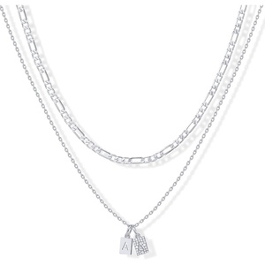 PAVOI 14K Gold Plated Initial Letter Double Dog Tag Pendant Necklace | Dainty Cubic Zirconia Letter Tag Round Box Chain Necklaces for Women(- A)