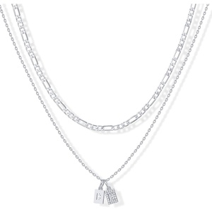 PAVOI 14K Gold Plated Initial Letter Double Dog Tag Pendant Necklace | Dainty Cubic Zirconia Letter Tag Round Box Chain Necklaces for Women(- B)