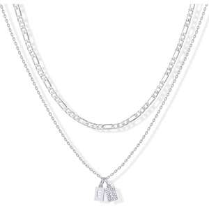 PAVOI 14K Gold Plated Initial Letter Double Dog Tag Pendant Necklace | Dainty Cubic Zirconia Letter Tag Round Box Chain Necklaces for Women(- E)