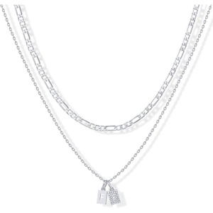 PAVOI 14K Gold Plated Initial Letter Double Dog Tag Pendant Necklace | Dainty Cubic Zirconia Letter Tag Round Box Chain Necklaces for Women(- F)